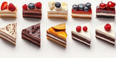 Colorful array of delectable cakes displayed on a white surface at a dessert shop photo