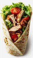 Delicious grilled chicken wrap filled with fresh vegetables and savory flavors prepared in a cozy kitchen setting photo