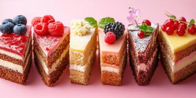 Colorful assortment of delicious cake slices with fresh fruit toppings on a pastel background ready to be enjoyed at a dessert gathering photo