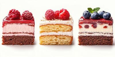 Delicious dessert squares with raspberry and blueberry toppings presented on a light background photo