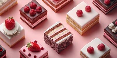 Sweet variety of cakes and pastries arranged on a pink background showcasing colorful layers and toppings photo