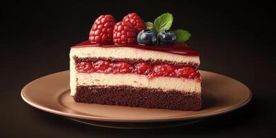 Delicious layered dessert with raspberries and blueberries displayed on a plate photo