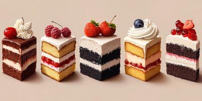Delicious assortment of colorful cake slices with fresh berries on top photo