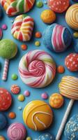 Colorful assortment of candies displayed on a bright blue background ideal for a festive celebration or dessert table photo