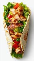 Grilled chicken wrap loaded with fresh vegetables showcased on a clean background photo