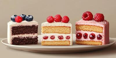 Assortment of colorful cake slices presented on a plate in a neutral-toned setting photo