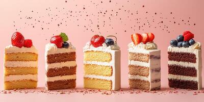 Delightful selection of layered cakes decorated with fresh fruit against a pastel backdrop photo