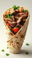 Delicious wrap filled with grilled meat, fresh vegetables, and herbs presented on a neutral background photo