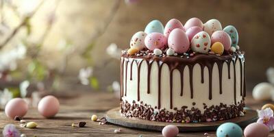 Celebration cake adorned with colorful eggs and chocolate drizzle for Easter festivities photo