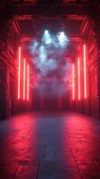 Vibrant illuminated space showcasing neon lights and atmospheric fog during an evening event photo