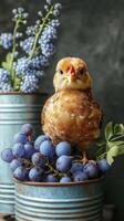 Colorful bird perched on a cluster of ripe blue grapes with flowers in rustic metal pots on a textured backdrop photo