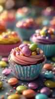 Colorful cupcakes decorated with bright candies in a festive setting for a cheerful celebration photo