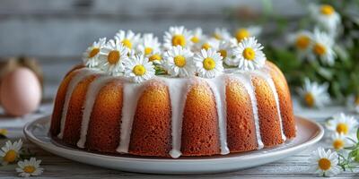 Beautifully decorated Bundt cake with daisies in a serene setting photo