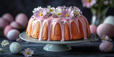 Delightful spring cake adorned with flowers and pastel eggs on a decorative plate photo