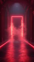 Mysterious hallway illuminated by red neon lights with fog effects creates an eerie atmosphere at night photo