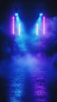 Colorful stage lights illuminate a foggy space for an engaging performance at night photo