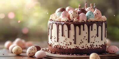 Celebratory Easter cake adorned with colorful eggs and chocolate drizzle displayed outdoors in soft sunlight photo