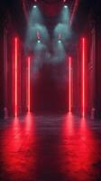 Vivid red neon lights illuminate a dramatic space in an atmospheric setting with mist photo