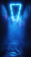 Mysterious blue-lit corridor filled with fog at night showcases a surreal urban atmosphere photo