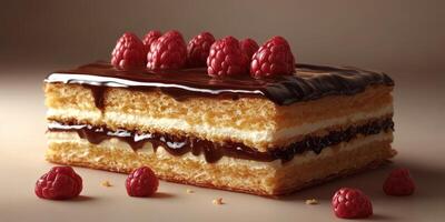 Decadent layered dessert with rich chocolate, creamy filling, and fresh raspberries on top photo