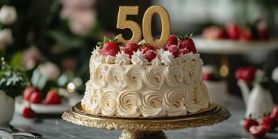 Celebration cake adorned with strawberries and a golden 50 for a milestone event photo