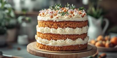 Beautifully decorated cake with layers and fresh flowers displayed in a cozy kitchen setting during daylight photo
