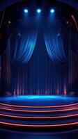 Stage with blue curtains and lighting creates an atmospheric setting for a performance at night photo