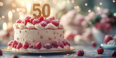 Delicious cake decorated with raspberries and a golden 50 birthday topper set in a festive atmosphere photo