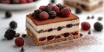 Delicious layered dessert with berries and cocoa served on a white background during a bright afternoon photo