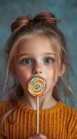 ojos brillantes niño disfruta vistoso pirulí en contra suave texturizado antecedentes foto