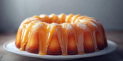 Delicious bundt cake drizzled with caramel on a white plate in a cozy setting photo