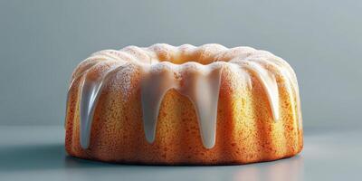 Delicious bundt cake with glossy icing and powdered sugar on a smooth surface photo