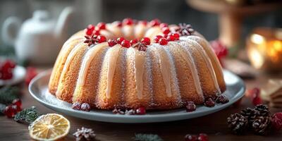 Beautifully decorated cake with cranberries and winter elements on a festive table setting photo