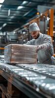 Worker prepares packaged goods in a busy warehouse during evening hours for efficient distribution in the logistics sector photo