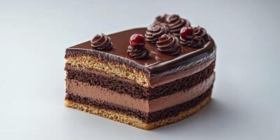 Chocolate cake slice with layers of cream and cherries on top, perfect for dessert lovers or special occasions photo