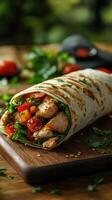 Freshly made chicken wrap with grilled vegetables on a wooden surface in a natural setting photo