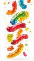 Colorful gummy worms floating in the air surrounded by sparkling candy dust in a playful arrangement photo