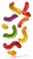 Colorful gummy worms suspended in mid-air showcasing various flavors in a bright setting photo
