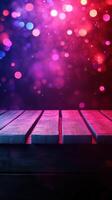 Vibrant bokeh lights and wooden surface create striking atmosphere for event decoration photo