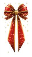 Festive red bow with gold accents and shimmering snowflakes for holiday decorations photo