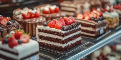 Delicious layers of chocolate and cream topped with fresh strawberries displayed in a bakery case photo