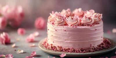 Delicious pink cake adorned with rose decorations and delicate petals on a rustic table photo