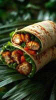Delicious chicken wrap with fresh vegetables and herbs on a tropical green background, ideal for a healthy lunch option photo