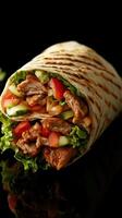 Freshly made wrap filled with marinated beef, fresh vegetables, and crisp lettuce on a dark surface photo