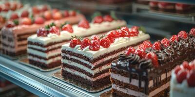Delicious chocolate and strawberry cakes displayed in a pastry shop at mid-afternoon photo