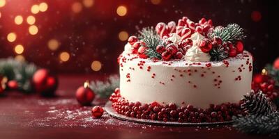 Festive holiday cake adorned with red berries and candy canes on a winter-themed table setting photo