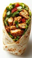 Flavorful grilled chicken wrap filled with fresh vegetables and herbs, ideal for a quick meal on the go photo