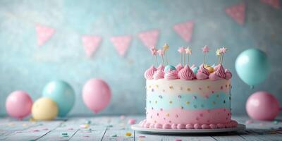 Colorful birthday cake with pastel decorations and balloons at a celebration setting photo