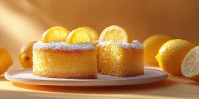 Lemon cake slices with fresh lemon slices on a yellow background, showcasing a bright and appetizing dessert display photo