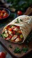 Delicious grilled chicken wrap filled with fresh vegetables on a wooden board photo
